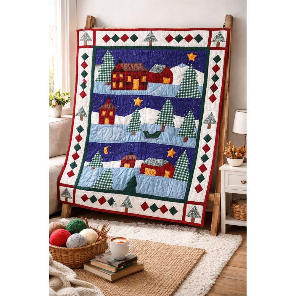 Folk Art Winter Village‎ Appliqué Quilt Handmade Cottagecore 50x57